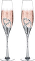 Silver Creative Heart Set with Diamonds Champagne Flutes - Wedding Glasses for Bride & Groom